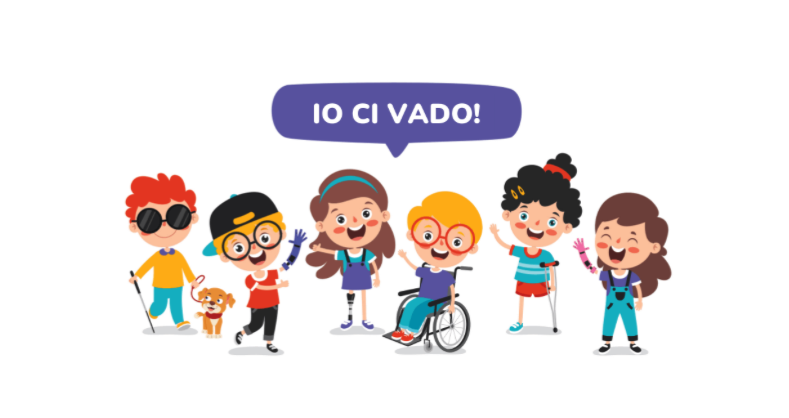 Illustrazione con sei personaggi allegri con disabilità diverse. Un fumetto dice: Io ci vado!